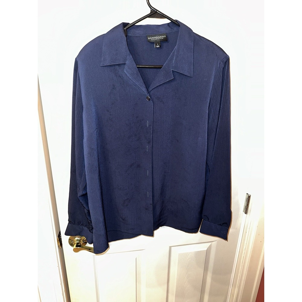 Donnkenny Women's  Blue Long Sleeve Button Up Shirt With Shoulder Pads Size L